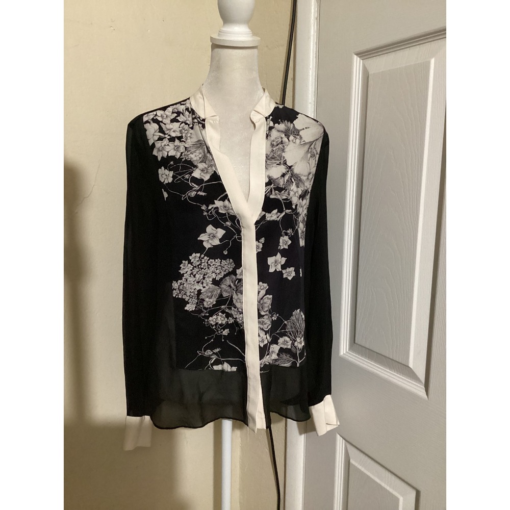 BCBGMAXAZRIA Womens XXS Black White Floral 100% Silk V-Neck Long Sleeve Blouse